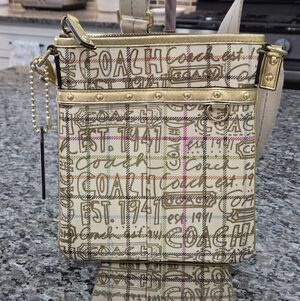 Coach Cream Signature Script Crossbody with Gold Trim